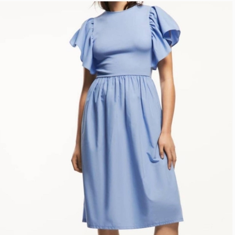Zara Ruffle Sleeve Blue Midi Dress